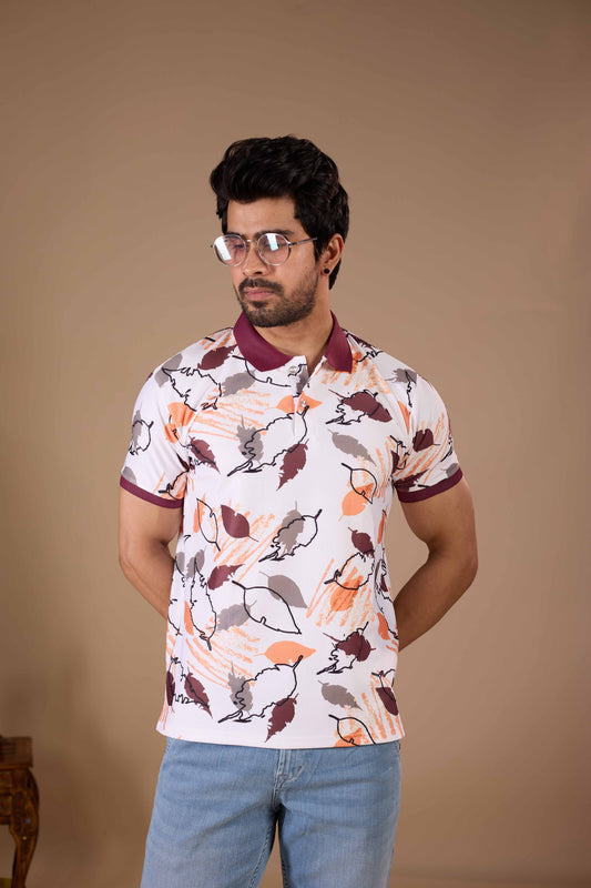 Tshirtsbuddy Men's Abstract Leaf & Crayon Stroke Print Polo T-Shirt