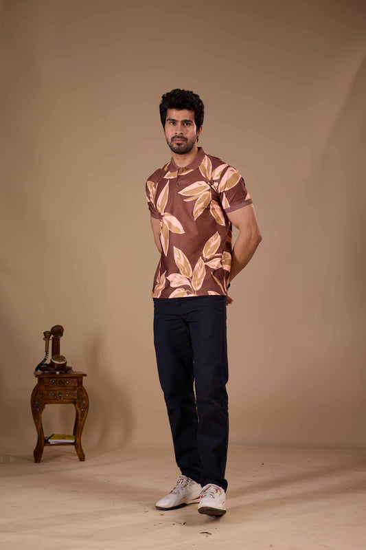 TshirtsBuddy Men's Rustic Brown Leaf Pattern Polo T-shirt