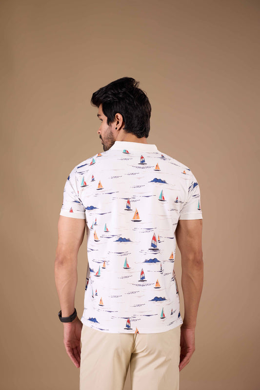 Tshirtsbuddy Men's White Nautical Sailboat Polo T-Shirt