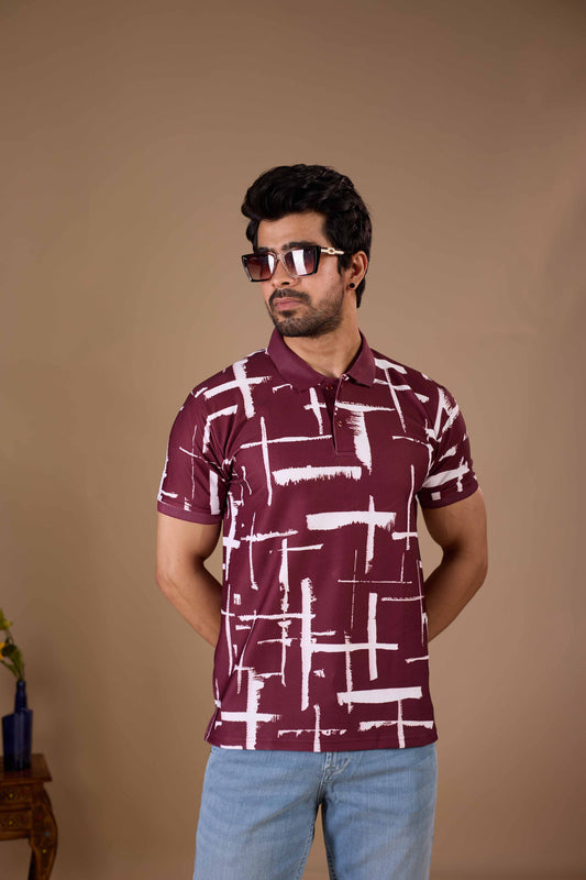 Tshirtsbuddy Men's Maroon and White Cross-Hatch Abstract Pattern Polo T-Shirt