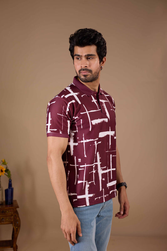 Tshirtsbuddy Men's Maroon and White Cross-Hatch Abstract Pattern Polo T-Shirt