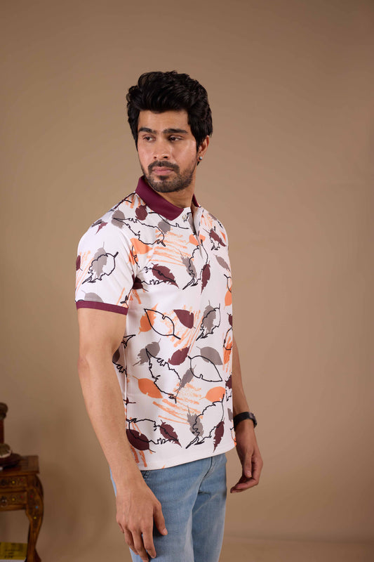 Tshirtsbuddy Men's Abstract Leaf & Crayon Stroke Print Polo T-Shirt