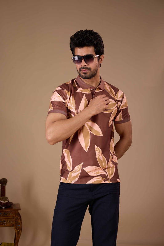 TshirtsBuddy Men's Rustic Brown Leaf Pattern Polo T-shirt