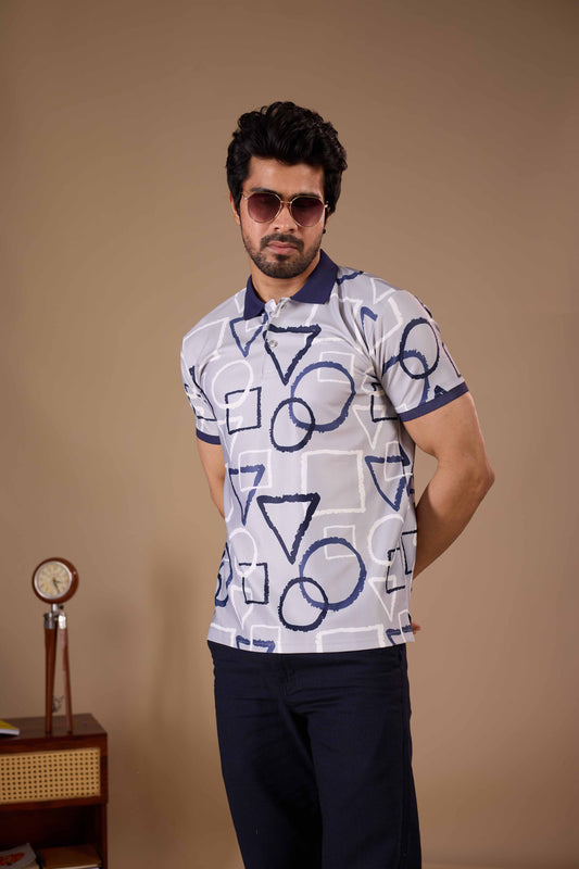 Tshirtsbuddy Men's Blue Geometric Sketch Polo T-Shirt