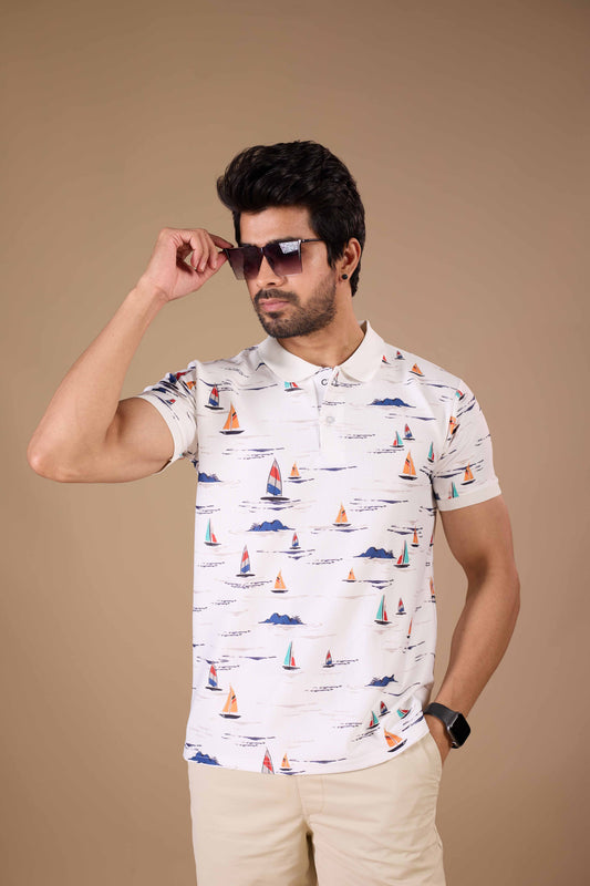 Tshirtsbuddy Men's White Nautical Sailboat Polo T-Shirt